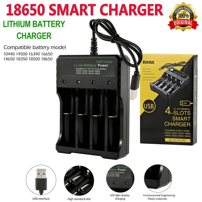 Cigarette electronique Vapotage Vape : Chargeur 4 Ram USB pour accus batterie 18650,21700,18350 (BMAX)